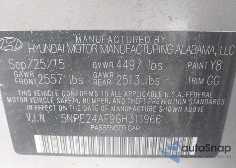 2016 Hyundai Sonata Se from USA, damaged, VIN 5NPE24AF9GH311966